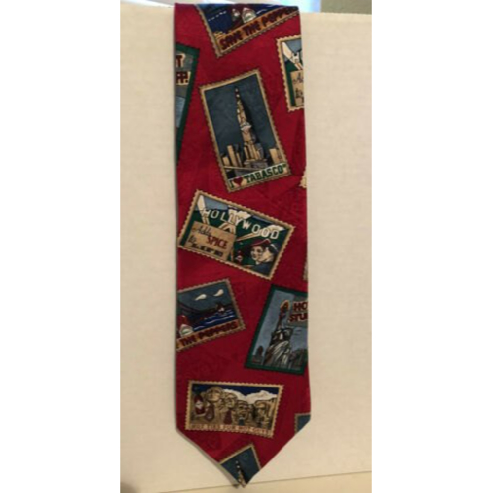 Tabasco Silk Tie “Hot Ties For Hot Guys” Iconic Scenes Shown as Postage Stamps